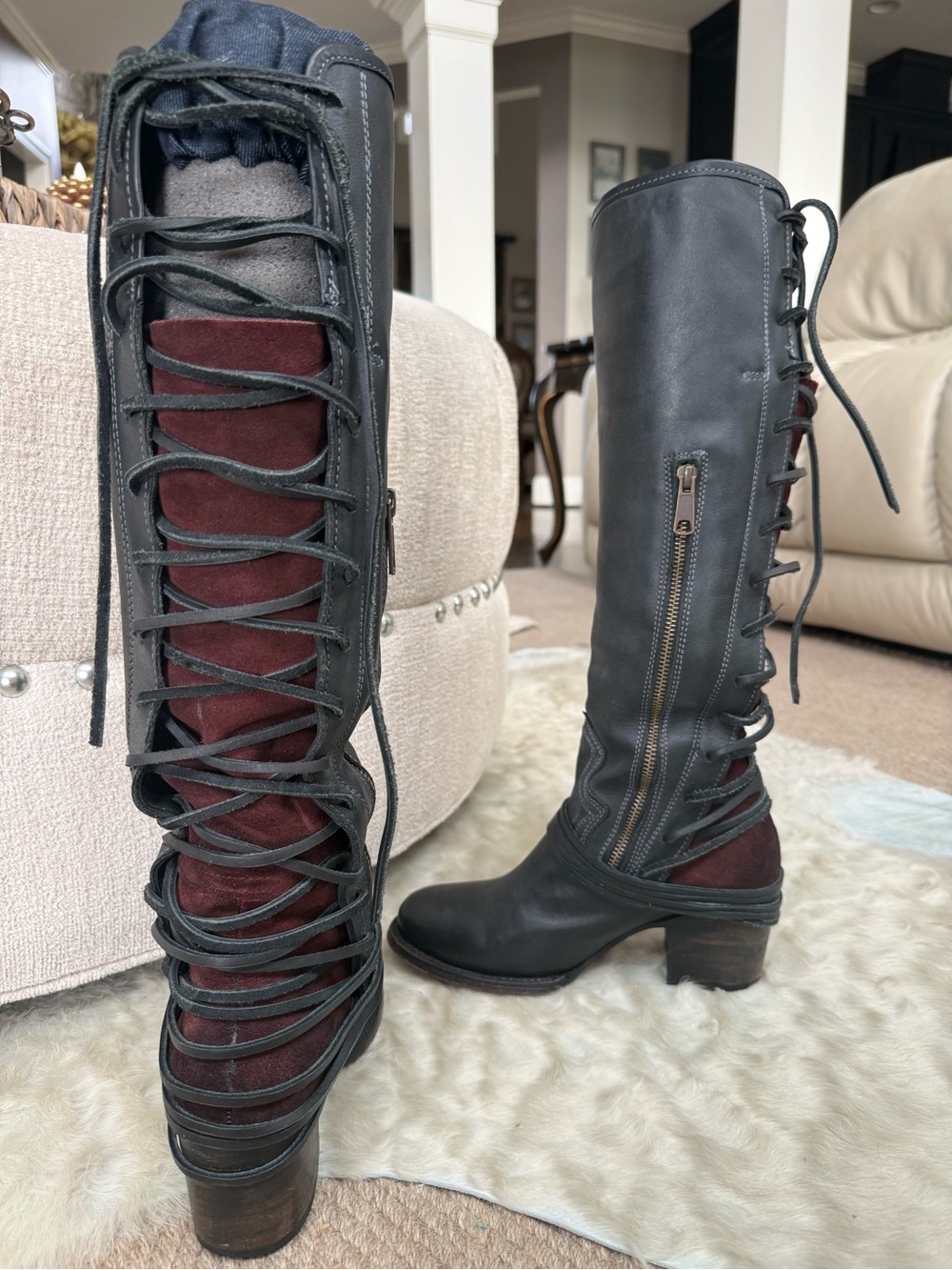 Freebird by Steven Black Leather & Burgundy Suede Lace-Up Knee Boots